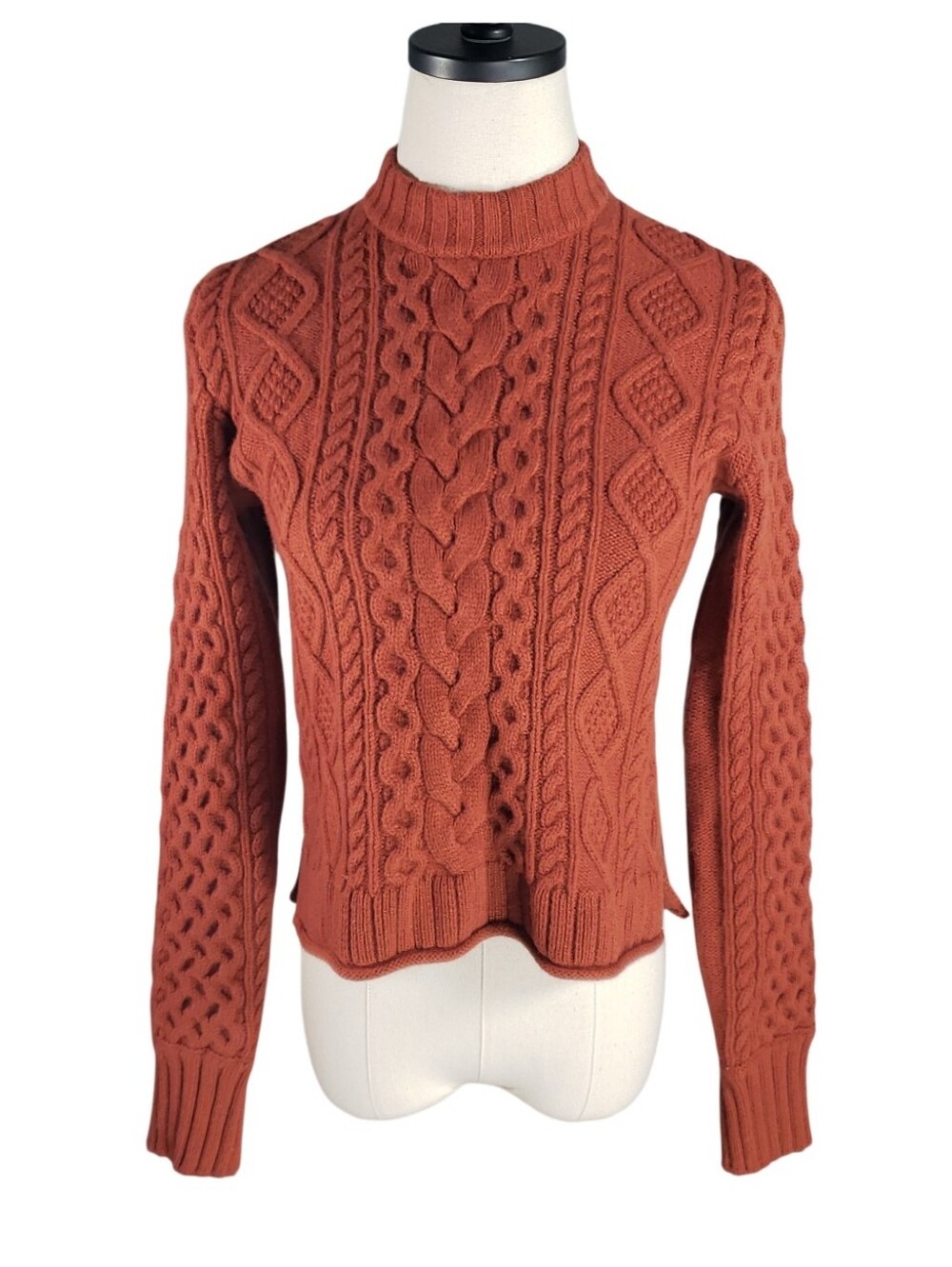 Alashan Merino Mixed Cable Knit Mockneck Fisherman Sweater S Pullover Brick Red